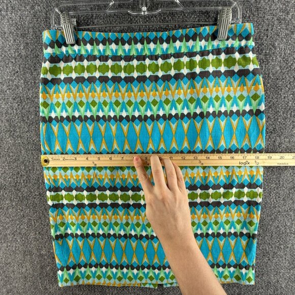 J Crew Pencil Skirt Women Green Blue Geometric Size 6 Back Zip Cotton Office - Picture 8 of 16